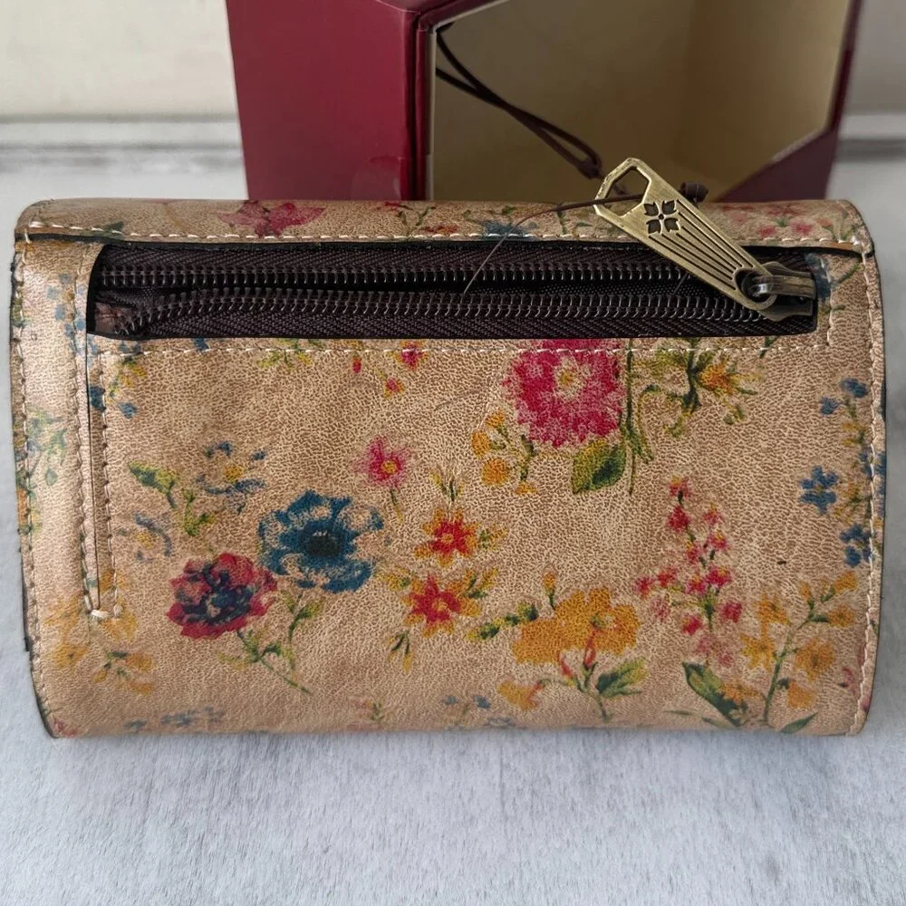 PATRICIA NASH Cametti floral leather RFID trifold wallet Prairie Rose Tan Red